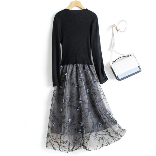 丁摩 针织线衣配蕾丝长款连衣裙春秋季时尚新款不规则假两件裙子5ZF-6757 商品图1