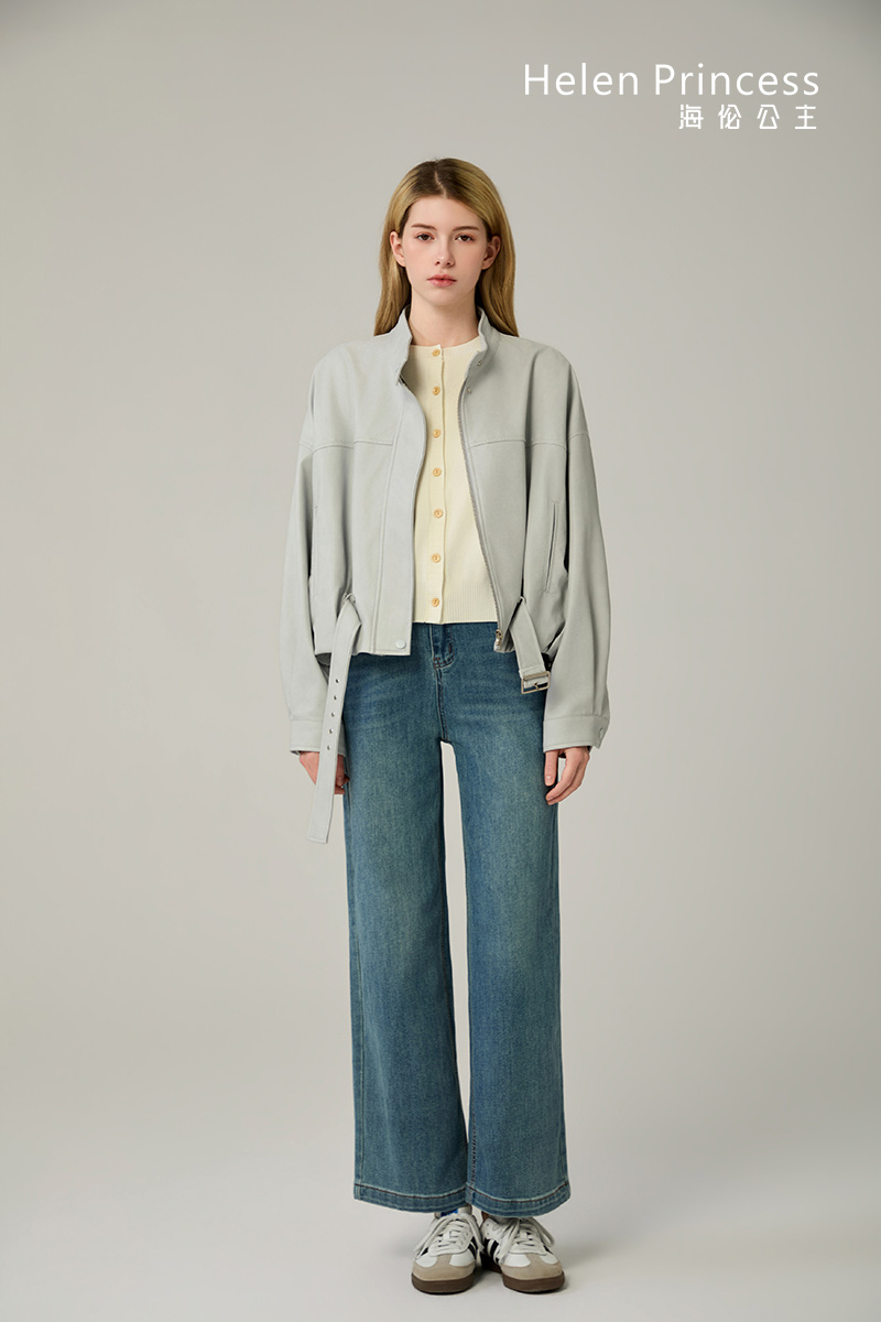 立领下摆收腰PU皮衣