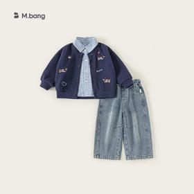 邦选童装男童套装格子衬衫针织开衫牛仔裤儿童三件套春季小童衣服