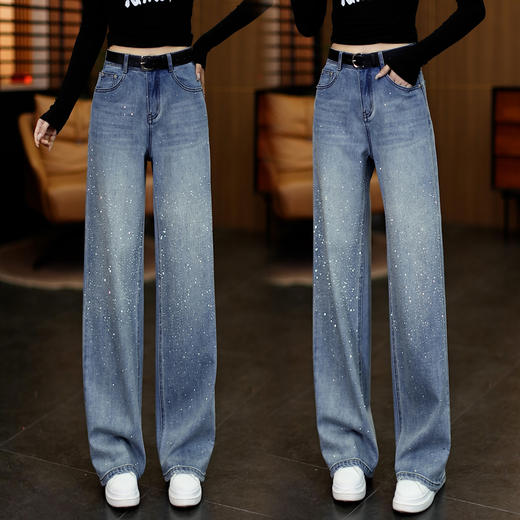 丁摩 [爆闪满天星]烫钻阔腿牛仔裤女新款显瘦宽松闪钻带钻直筒裤5ZF-6618 商品图0