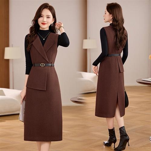 丁摩 毛呢背心两件套连衣裙女冬季气质感洋气显瘦长袖针织套装裙子5ZF-225 商品图2