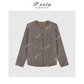 A008潘依绣丁丁宠粉韩系复古经典细格纹宽松圆领夹棉棉服Q26641