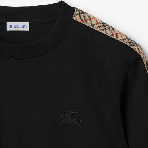 BURBERRY 巴宝莉 男士马术骑士徽标刺绣格纹饰边棉质圆领短袖T恤 黑色 8106248 A1189 商品图1