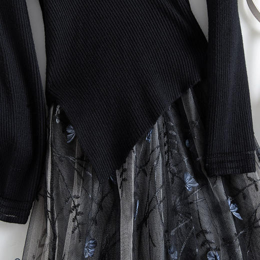 丁摩 针织线衣配蕾丝长款连衣裙春秋季时尚新款不规则假两件裙子5ZF-6757 商品图3