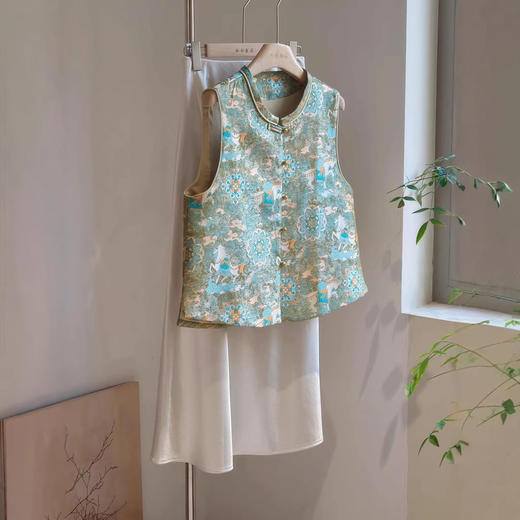 百媚生 新中式绿色提花马甲国风背心8434 商品图2