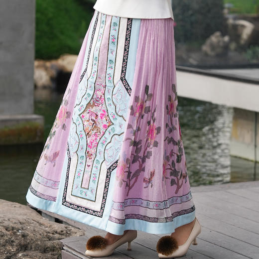 【林栖设计小店】鹤鹿同春|真丝罗丁香粉轻凉绣花马面裙半身裙1961221 商品图0