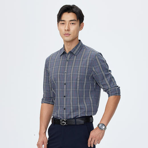 德鲨灰色长袖格子衬衫男青年时尚简约上衣服男装休闲衬衣 商品图1