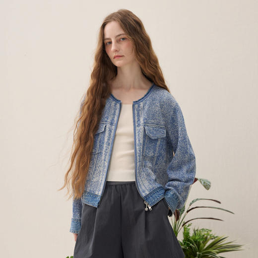 谜底针织开衫长袖2026年春季新品牛仔视觉感提花毛衣女261MZ0325 商品图0