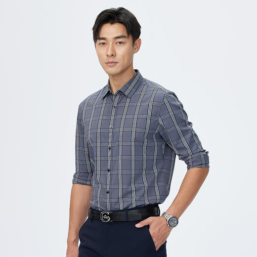 德鲨灰色长袖格子衬衫男青年时尚简约上衣服男装休闲衬衣 商品图3