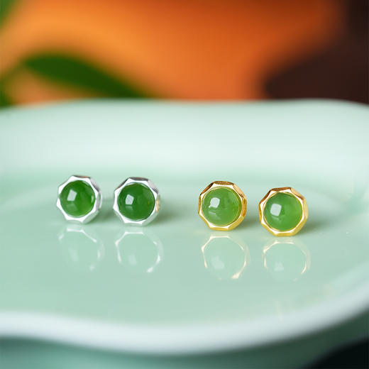丁摩 S925银镀金镶嵌天然和田玉碧玉时尚小巧耳饰耳钉5ZF-5831 商品图0