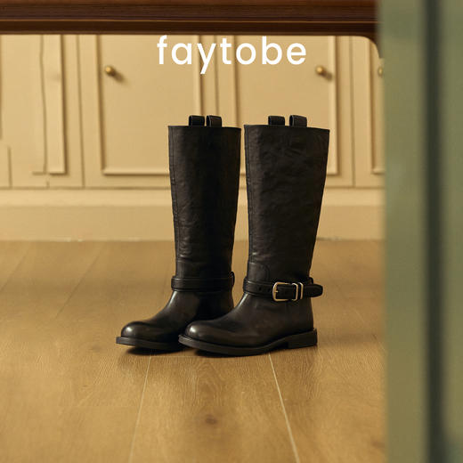 FAYTOBE 复古皮带扣骑士靴女厚底长筒靴擦色圆头高筒靴 商品图1