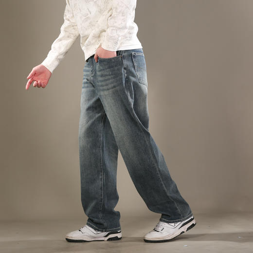 DRONKOO 2026 正常腰左袋棕皮标绣线四面弹中厚牛仔长裤 商品图2