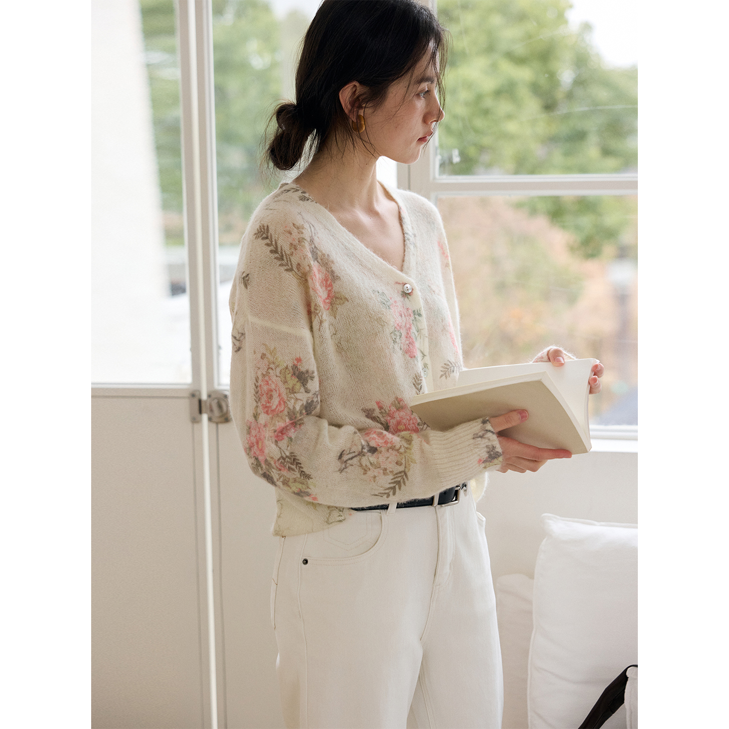 花卉满印印花针织开衫