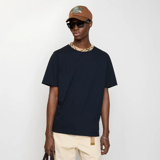 BURBERRY 巴宝莉 男士格纹饰边棉质圆领短袖T恤 深蓝色 8118959 A1222 商品图1