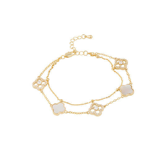 三彩2026新款国风四叶窗花手链轻奢镶锆镂空贝壳双层链小众通勤女 商品图2