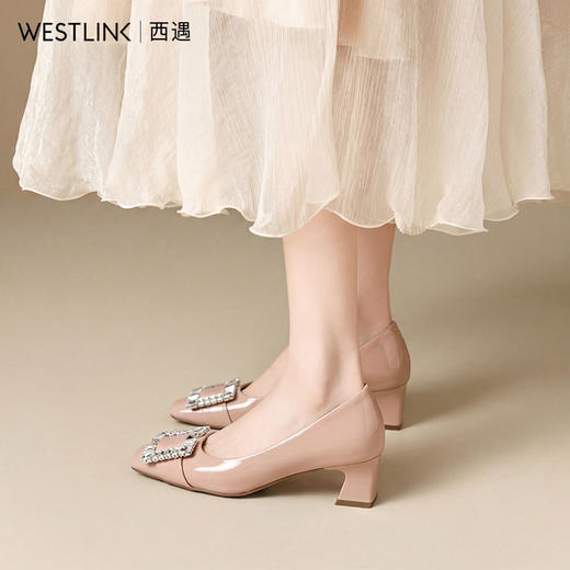 西遇浅口单鞋女2026春季新款粗跟水钻方扣一脚蹬方头高跟鞋V0166282 商品图3