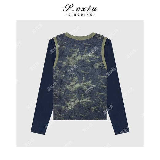 04-6潘依绣丁丁宠粉复古晕染假两件显瘦圆领长袖T恤Q48872 商品图1