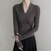 雀说设计感V领水波纹修身羊毛针织衫女秋长袖内搭外穿打底衫ALW9303 商品缩略图0
