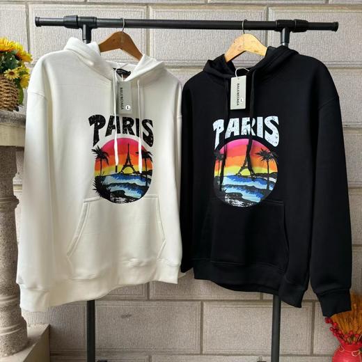 F020237铁塔落日椰树蝙蝠字母印花黑白加绒连帽卫衣 商品图1