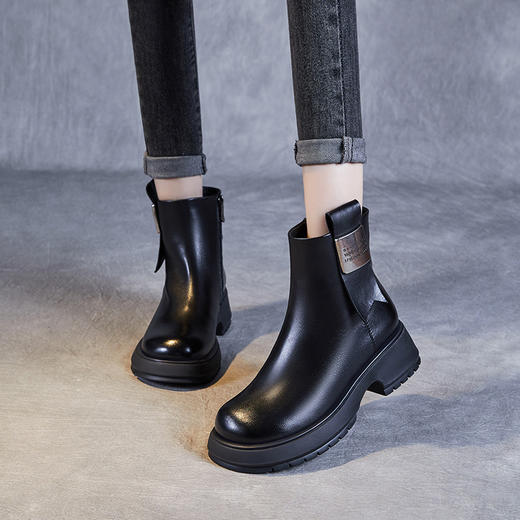 雀说 真皮短靴女全羊毛保暖靴子头层小牛皮英伦风复古靴ZM233557 商品图1