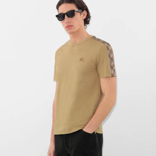 BURBERRY 巴宝莉 男士马术骑士徽标刺绣格纹饰边棉质圆领短袖T恤 驼色 8106247 B8626 商品图2