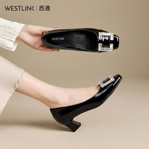 西遇浅口单鞋女2026春季新款粗跟水钻方扣一脚蹬方头高跟鞋V0166282 商品图2