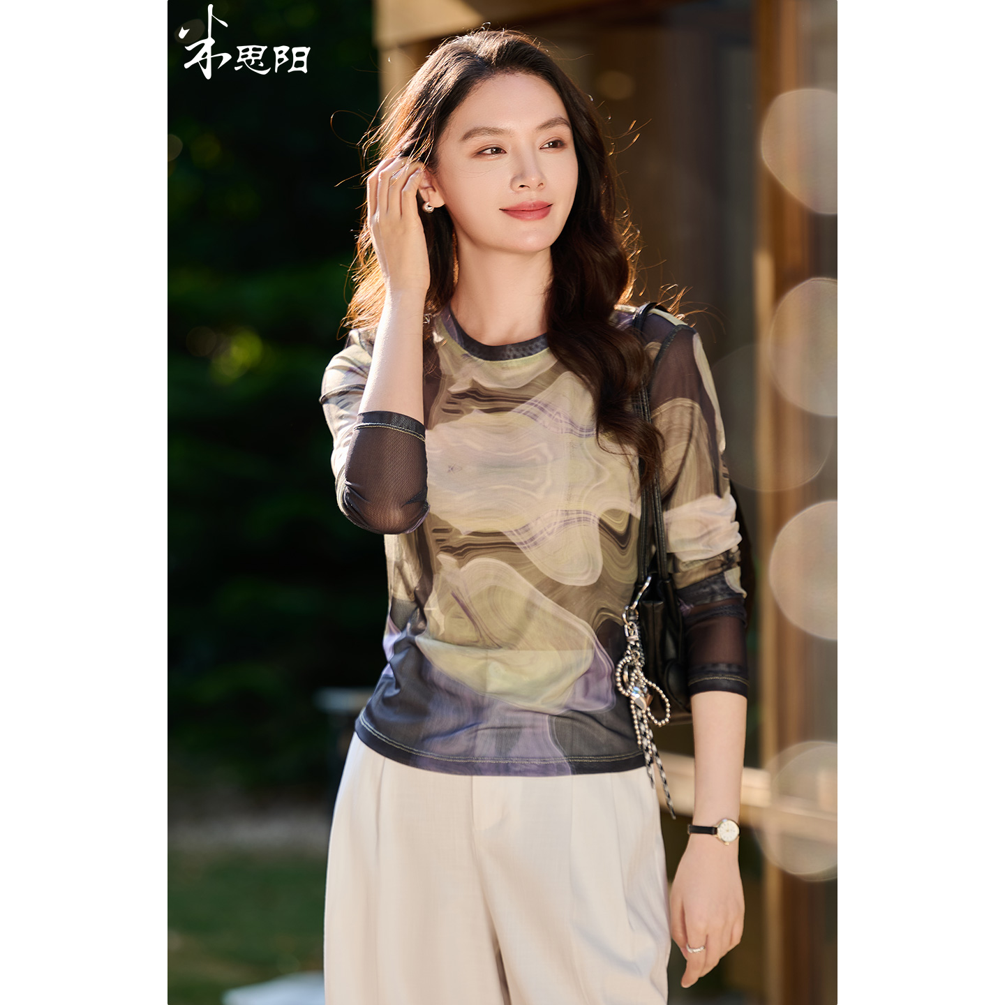 【预售10天】春日里小衫 水墨扎染网纱T恤 米思阳2026春季新款透气女士复古印花洋气小衫T5892