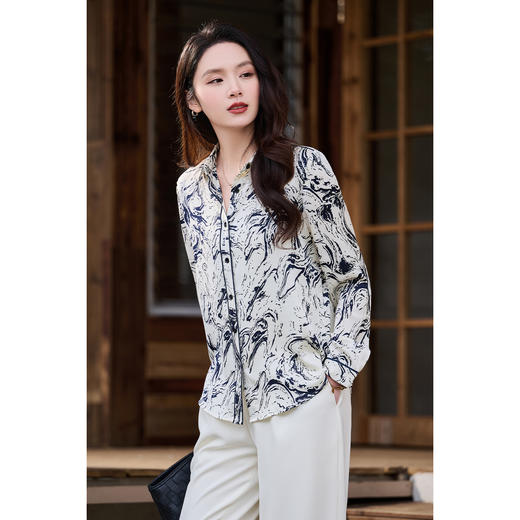 米思阳2026春季新款新中式水墨画衬衫 质地丝滑 软薄透气 女士衬衣印花通勤职业上衣长袖衬衫1716 商品图2