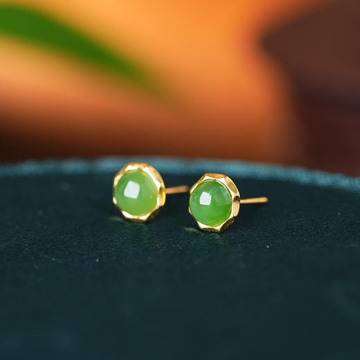 丁摩 S925银镀金镶嵌天然和田玉碧玉时尚小巧耳饰耳钉5ZF-5831 商品图1