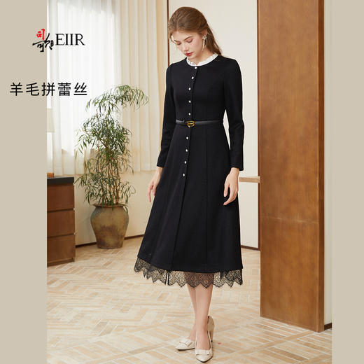 司歌羊毛收腰拼蕾丝长袖秋冬连衣裙A921045X 商品图0