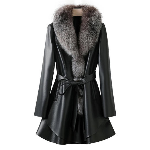 丁摩 绵羊皮真皮皮衣女中长款银蓝狐毛领大衣2281 商品图3