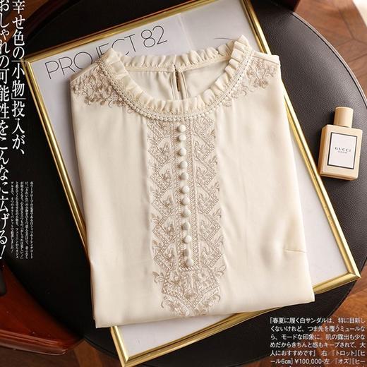 丁摩 刺绣衬衫女春秋季新款木耳边套头长袖T恤上衣复古5ZF-8165 商品图3