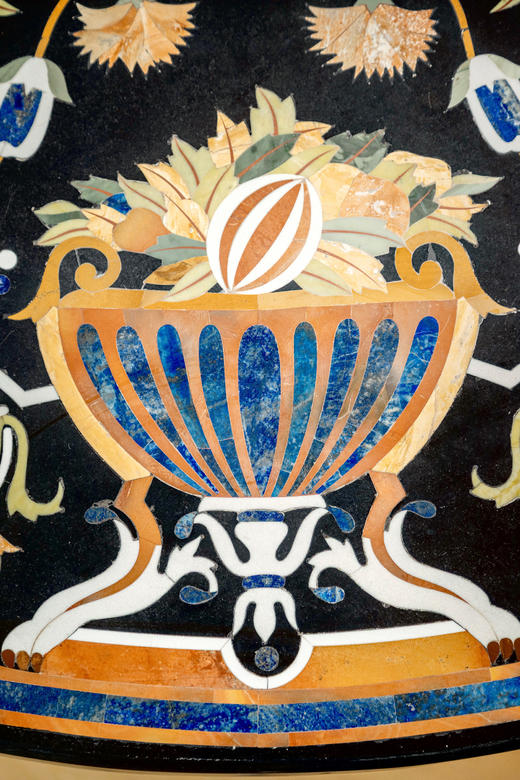 独角鹿西洋古董1960年代意大利出品古典竖琴与花叶主题彩色硬石镶嵌圆形桌面 商品图6