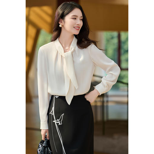 兔耳朵飘带衬衣 高阶干练 轻职高级优雅 米思阳2026春季新款小众设计感衬衣高级感精致丝滑垂感上衣女5M26AXS6002小衫 商品图0