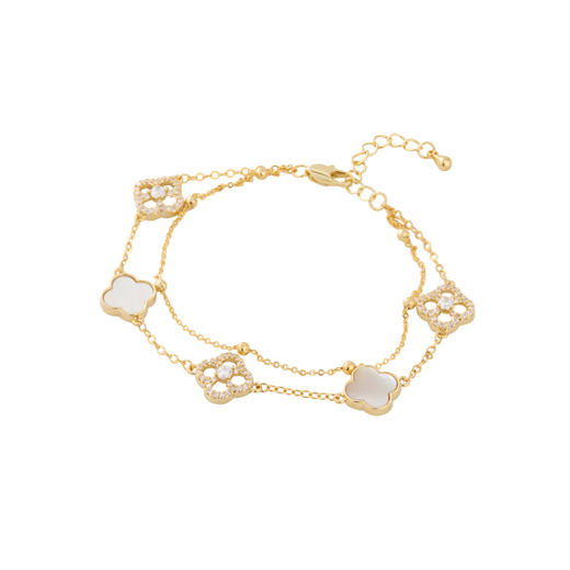 三彩2026新款国风四叶窗花手链轻奢镶锆镂空贝壳双层链小众通勤女 商品图1