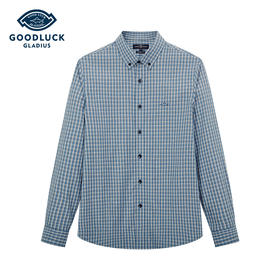 德鲨春新款蓝色格子衬衫男青年时尚休闲上衣男装长袖衬衣