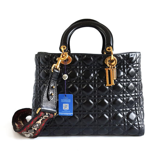 【95新】Dior迪奥Lady Dior手袋黑金油蜡皮七格戴妃金属肩带手提单肩包女士020226NJT20 商品图0