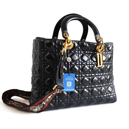 【95新】Dior迪奥Lady Dior手袋黑金油蜡皮七格戴妃金属肩带手提单肩包女士020226NJT20 商品图3