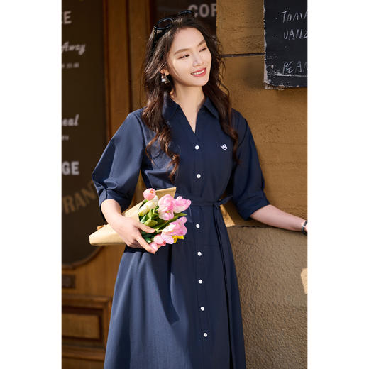 不挑人系列~ 可休闲可通勤的棉感衬衫裙 米思阳2026春季新款五分袖时尚显瘦连衣裙修身收腰大摆裙女中长款连衣裙2139 商品图1