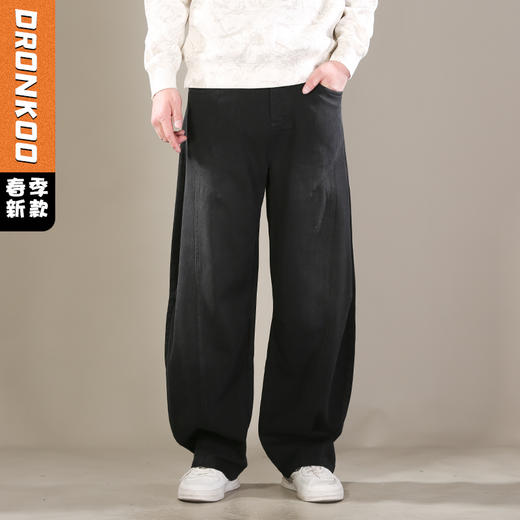 DRONKOO 2026 内抽绳半松紧腰前侧捏褶破缝喷色中厚牛仔长裤 商品图0
