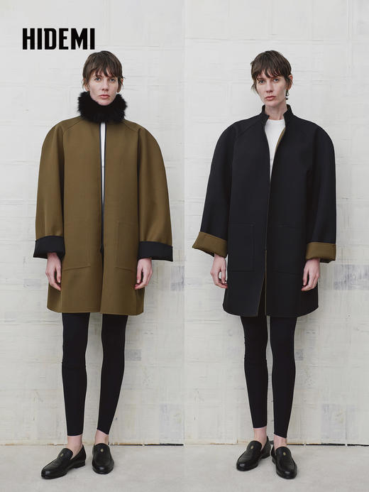 HIDEMI 设计感美丽奴羊毛简约立领双面穿双层复合中长款西装外套 商品图0