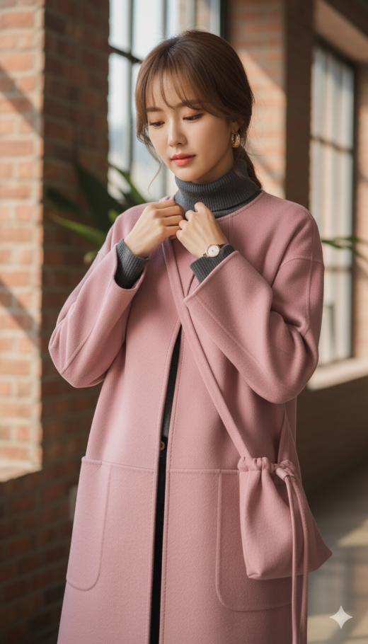 LIN HN 配小包包双粒扣圆领双面手工大衣 商品图5