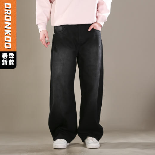 DRONKOO 2026 抽绳表袋侧唛口袋破缝前喷色中厚牛仔长裤 商品图0