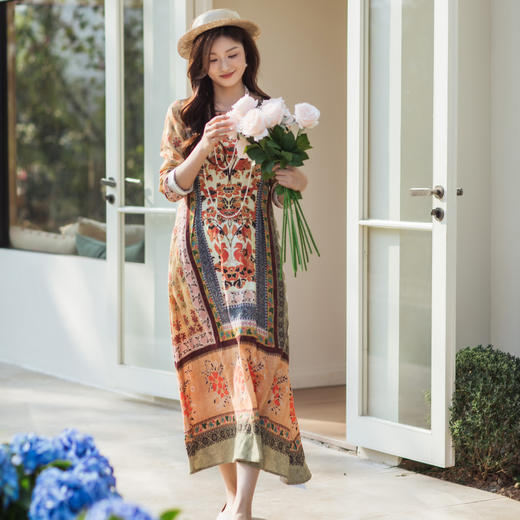 【林栖设计小店】古画复现|秋色印花复古优雅百搭2026春新款宽松连衣裙T1961381 商品图1