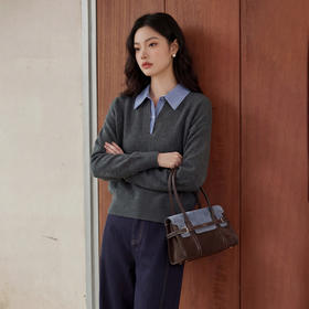 西遇格纹拼接假两件灰色毛衣女2026年春季新款宽松休闲翻领上衣10260051