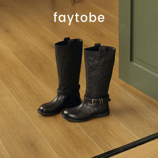 FAYTOBE 复古皮带扣骑士靴女厚底长筒靴擦色圆头高筒靴 商品图0