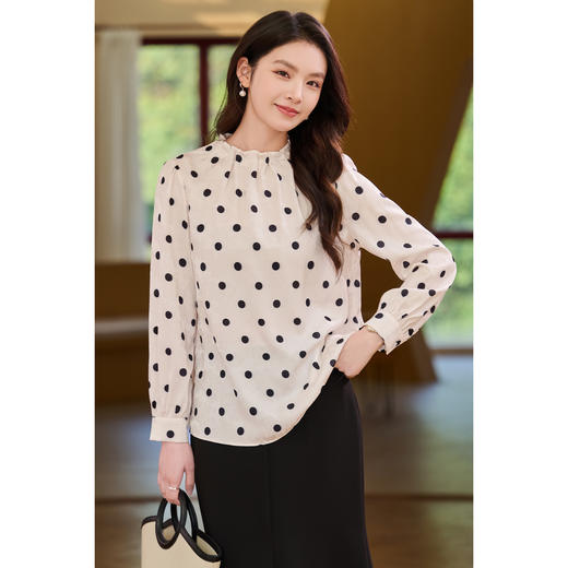 腔调波点衬衫 小波点+花苞领 上身气质绝了~ 米思阳2026春季新款法式波点长袖衬衫设计感气质小衫女4363 商品图3