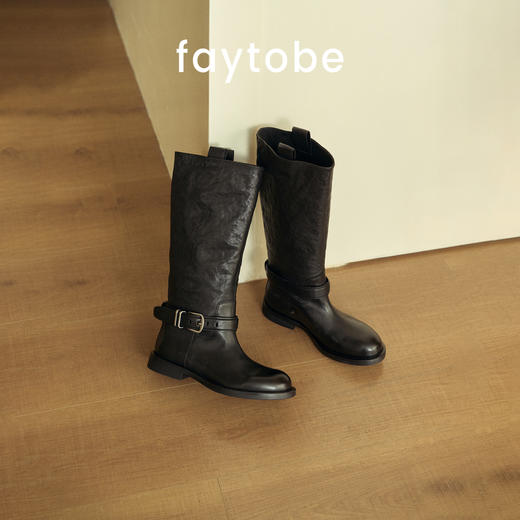 FAYTOBE 复古皮带扣骑士靴女厚底长筒靴擦色圆头高筒靴 商品图2