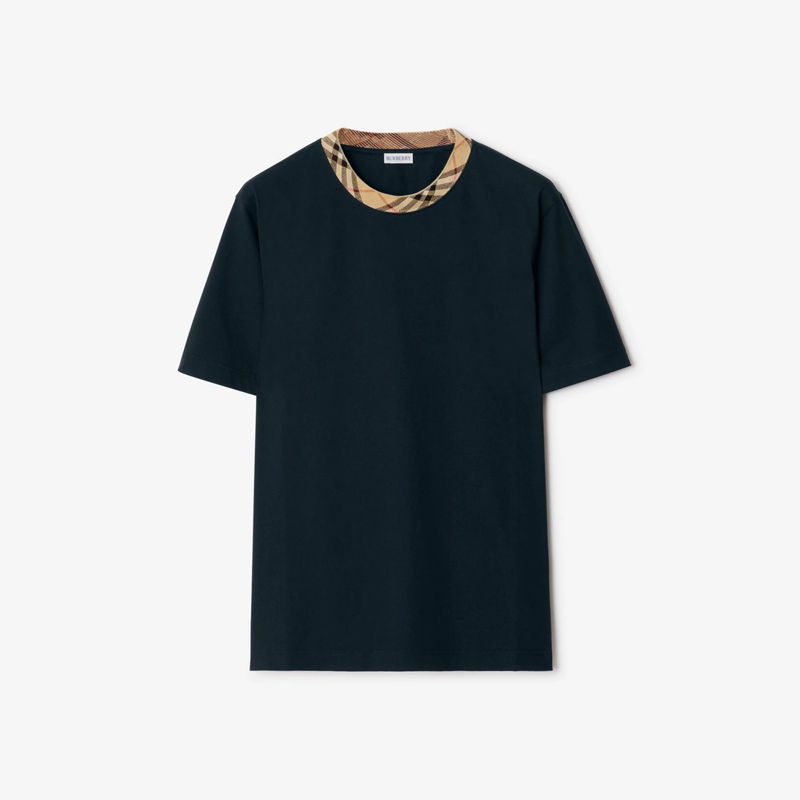 BURBERRY 巴宝莉 男士格纹饰边棉质圆领短袖T恤 深蓝色 8118959 A1222