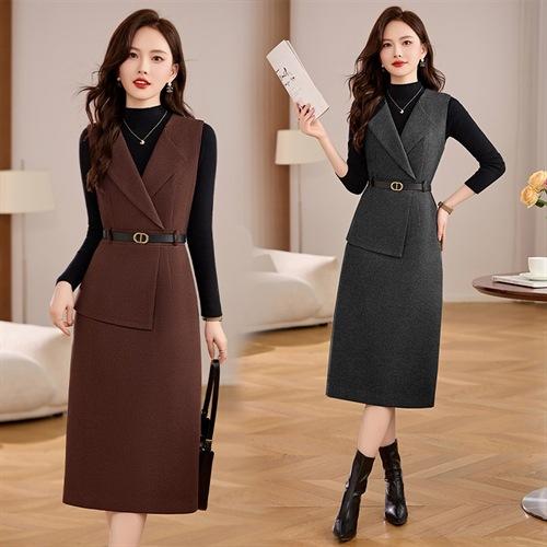 丁摩 毛呢背心两件套连衣裙女冬季气质感洋气显瘦长袖针织套装裙子5ZF-225 商品图0